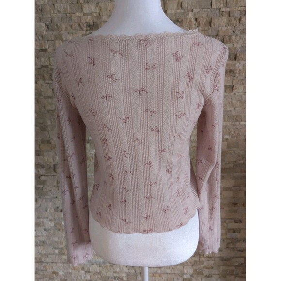 Coquette Pink Bow Print Cropped Lettuce Hem Ruffle Lace Ballet Soft Girl Shirt - Picture 4 of 10